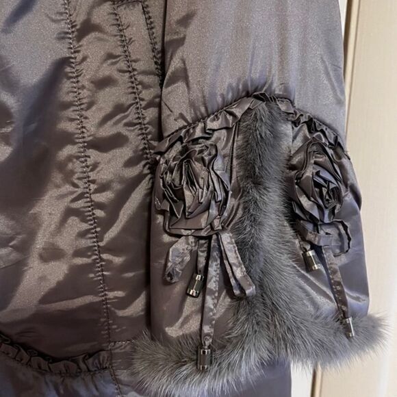 WINTER WOMAN HOODED WATER RESISTANT SILVER GREY GENUINE MINK FLORAL - Picture 4 of 16